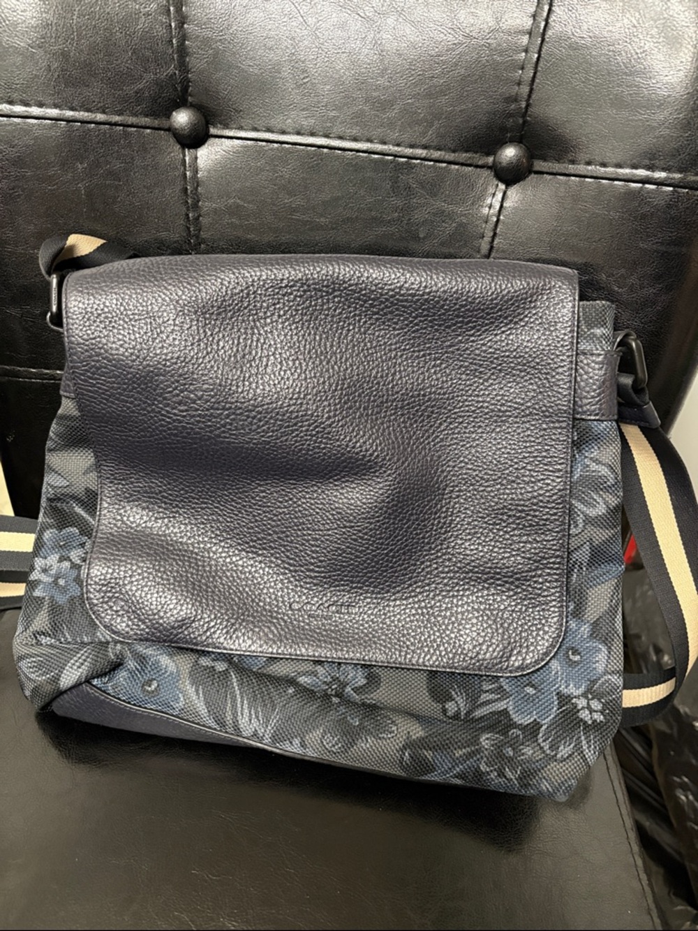 Coach Navy Floral Canvas and Leather Crossbody with Striped Strap